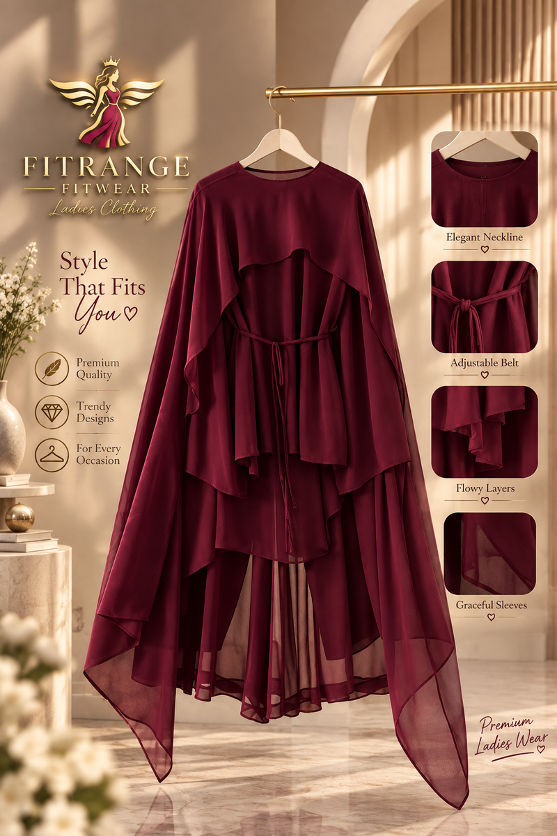 Luxury Burgundy Layered Cape Set – Premium Modest Wear by FITRANGE FITWEAR